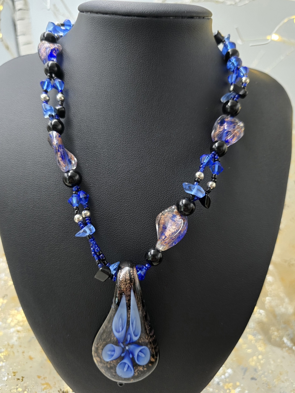 Art Glass Beaded Pendant Necklace Blue Flower
